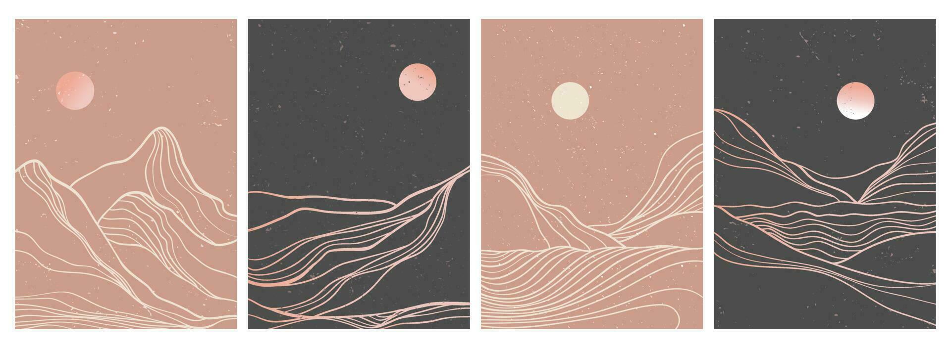 set di stampe creative e minimaliste moderne. paesaggi di sfondi estetici contemporanei di montagna astratta. con montagna, mare, orizzonte, onda. illustrazioni vettoriali