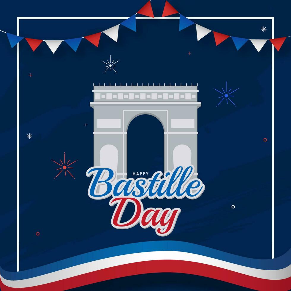 etichetta stile contento bastille giorno font con arco de triomphe monumento e Francia bandiera ondulato nastro su blu sfondo. vettore