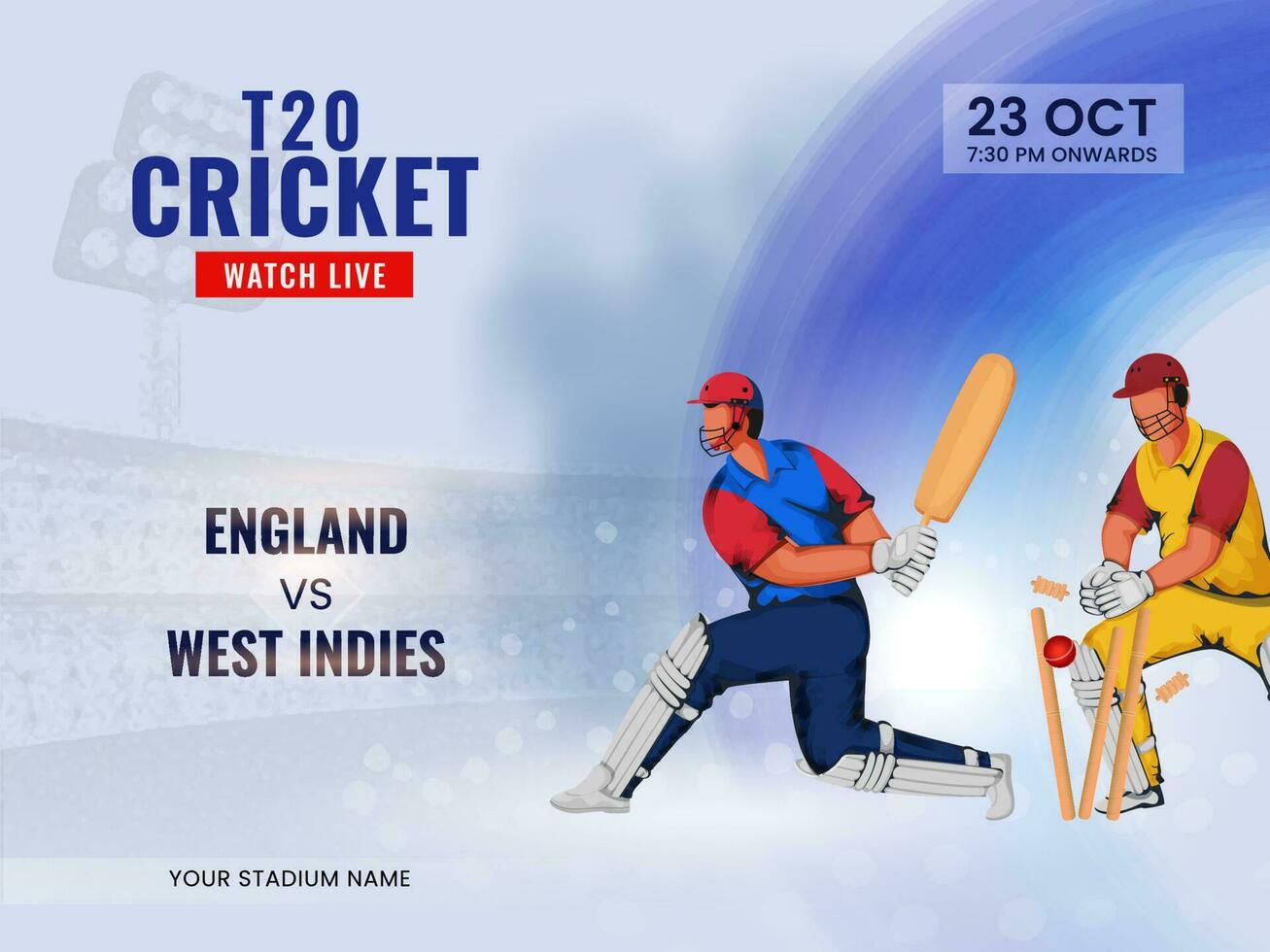 t20 cricket orologio vivere mostrare di partecipando squadra Inghilterra vs ovest indie e giocatore di cricket Giocatori. vettore