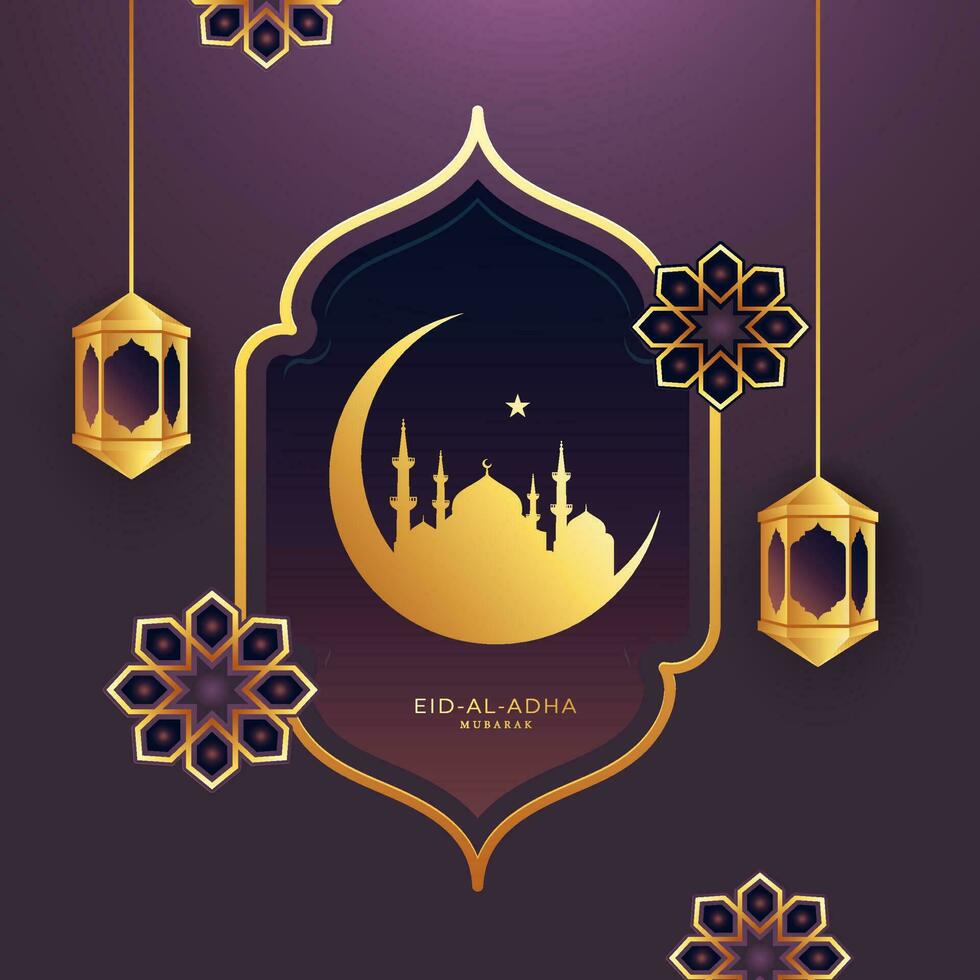 Eid-al-Adha mubarak concetto con mezzaluna Luna, un' stella, moschea sospeso lanterne e mandala decorato su viola sfondo. vettore