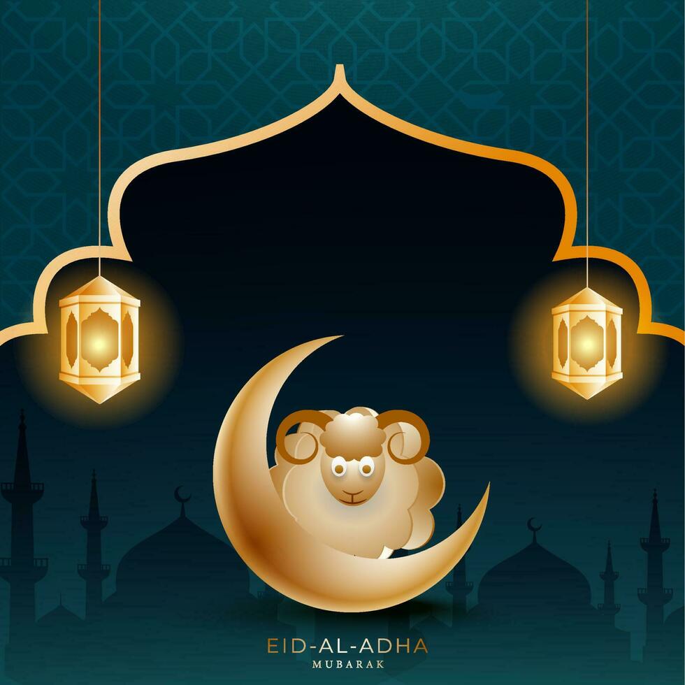 3d d'oro mezzaluna Luna con carta cartone animato pecora e sospeso illuminato lanterne su alzavola blu moschea Arabo modello sfondo per Eid-al-Adha mubarak. vettore