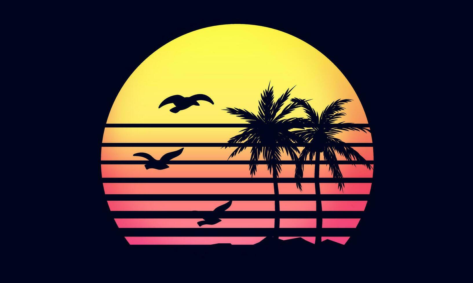 palme spiaggia tramonto orizzonte uccelli retrò anni 80 ombra vettore