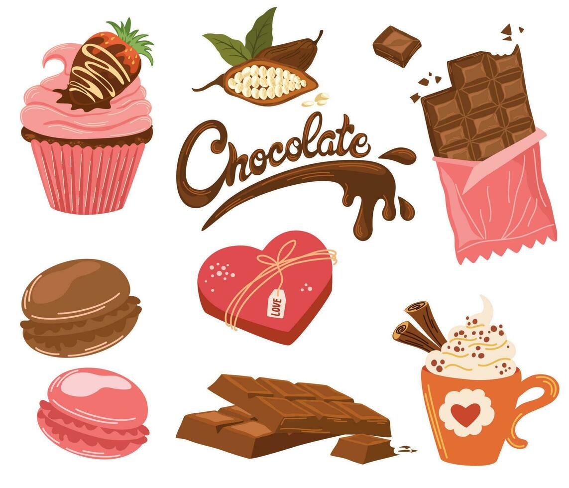 cioccolato impostare. scatola di dolci, maccheroni, pancake con fragole nel cioccolato, cacao fagioli e cioccolato sbarra. mondo cioccolato giorno. vettore piatto illustrazione per stampa, menu, pacchi e prodotti