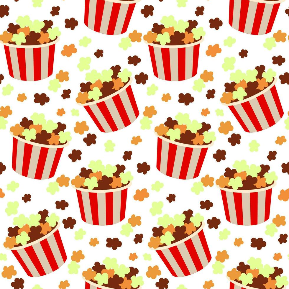 senza soluzione di continuità vettore modello di colorato Popcorn benne su un' bianca sfondo. divertente Stampa con il Immagine di Popcorn nel retrò stile. delizioso dolce merenda. stampa su tessile e carta. tema cinema