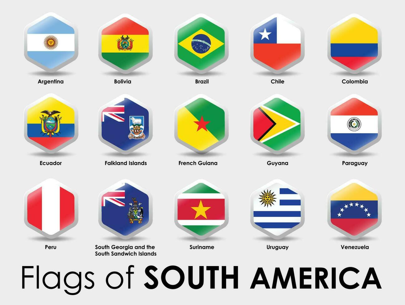 impostato di Sud America bandiere. semplice esagono forma design su grigio sfondo. vettore
