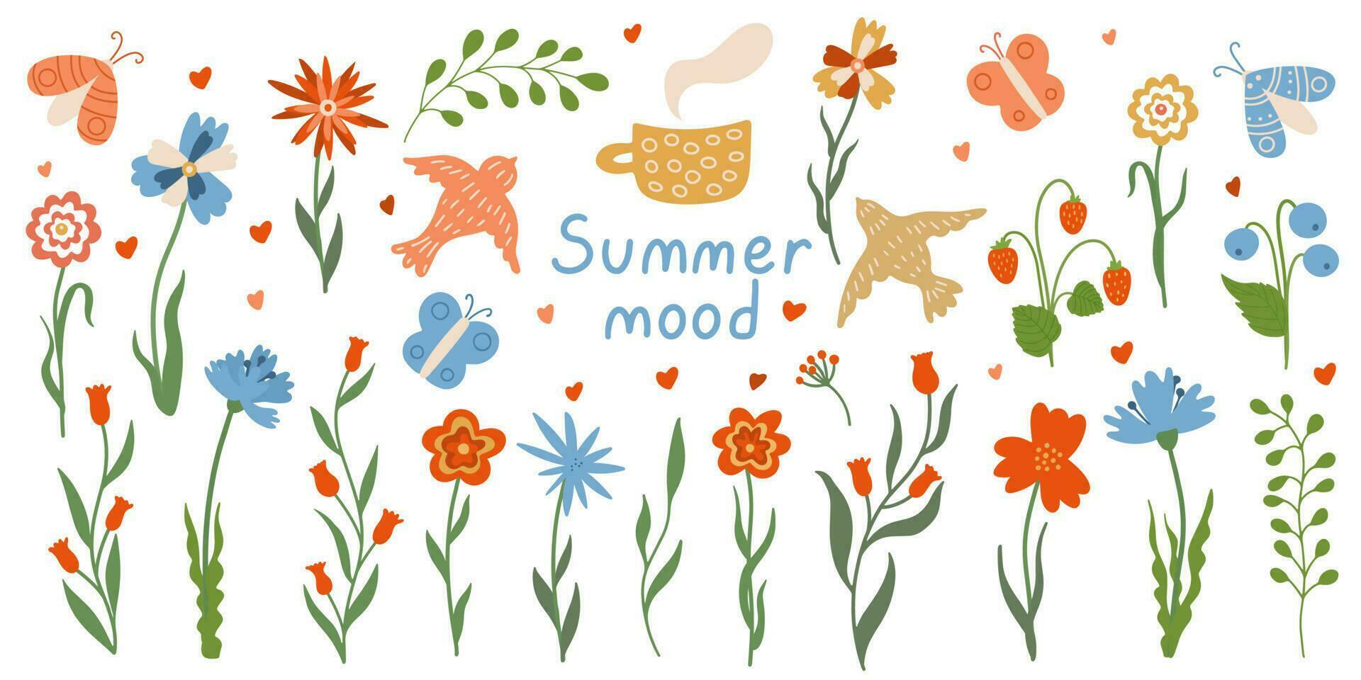 fiori selvatici impostare. estate floreale collezione. mano disegnato piatto vettore illustrazione di prato fiori, farfalle e volante uccelli. estate umore scritta.
