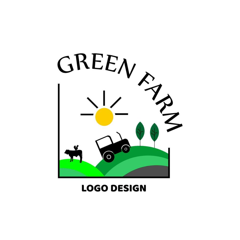 verde azienda agricola logo modello, con mucca, pollo e trattore.vettore illustrazione vettore