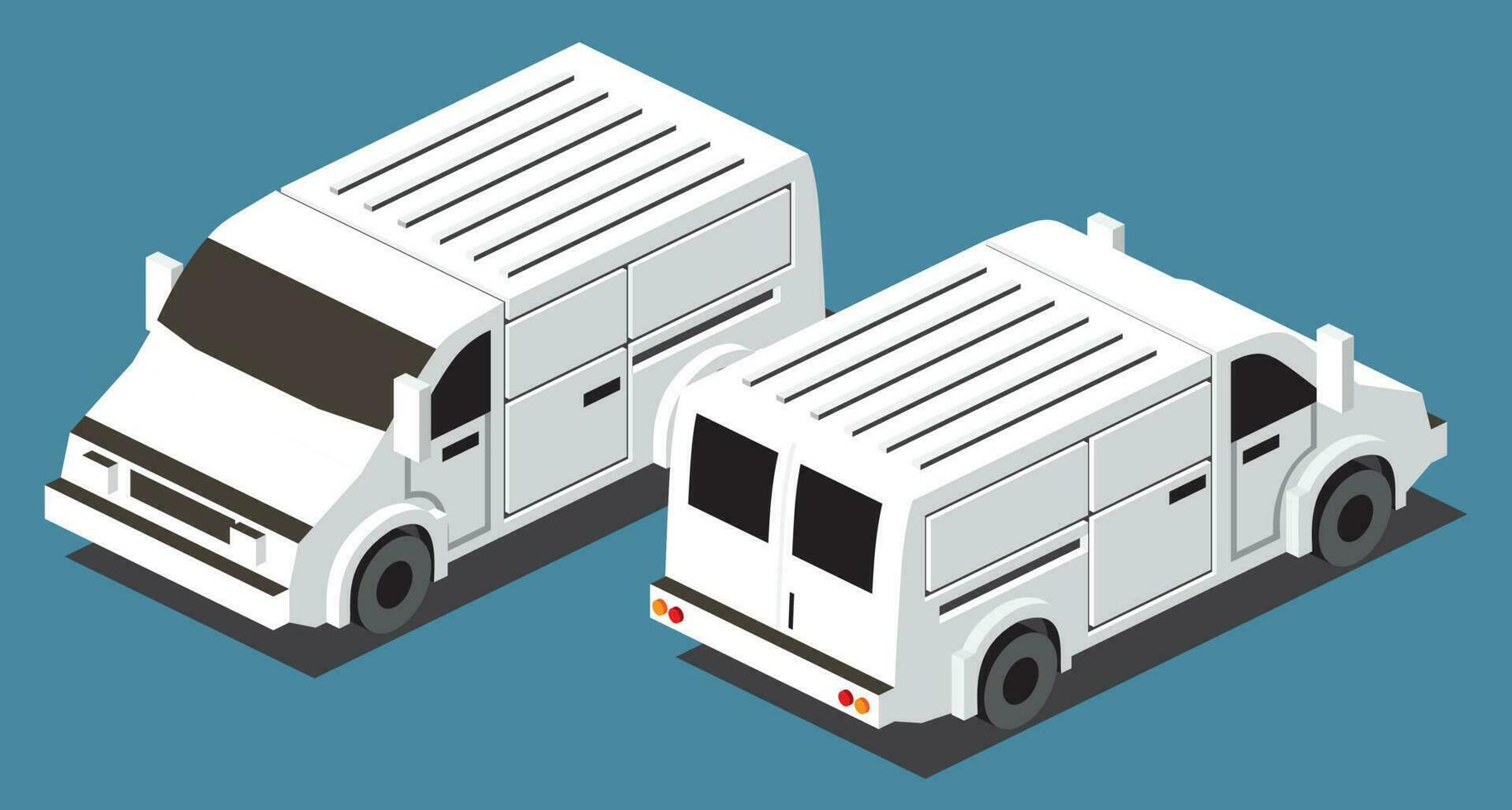 isometrico commerciale veicolo. bianca furgone su blu sfondo. davanti e indietro Visualizza. vettore