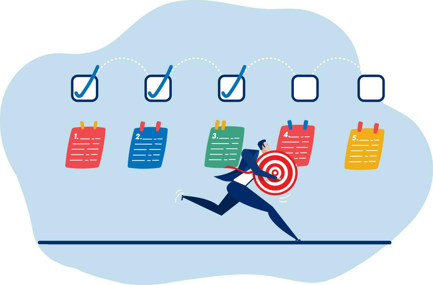 uomo d'affari in esecuzione su completato casella di controllo per raggiungere obbiettivo finito lista di controllo, realizzazione ,sviluppo , miglioramento, o progetto progressione progresso per bersaglio concetto vettore