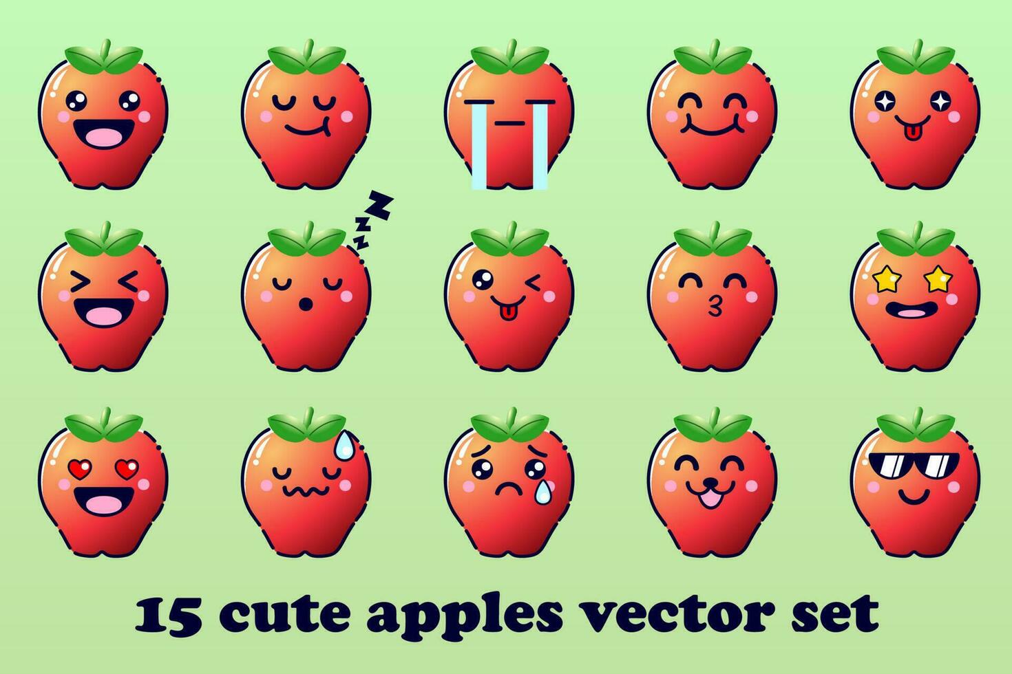 carino cartone animato Mela frutta con kawaii facce e chibi stile emoticon vettore impostato