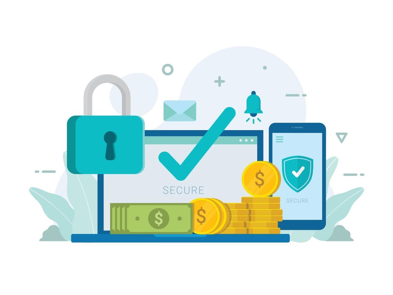 protezione sicura online del portafoglio dei soldi con il sistema di sicurezza di sicurezza della serratura vettore