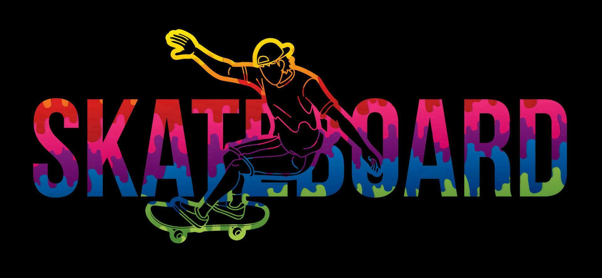 skateboard e skateboarder azione con testo font design vettore