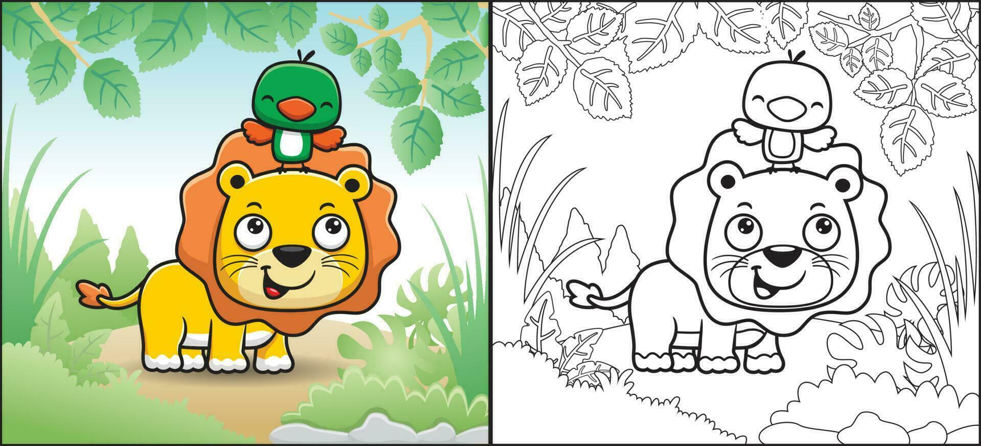 colorazione libro o pagina di cartone animato poco uccello perching su leoni testa nel giungla vettore