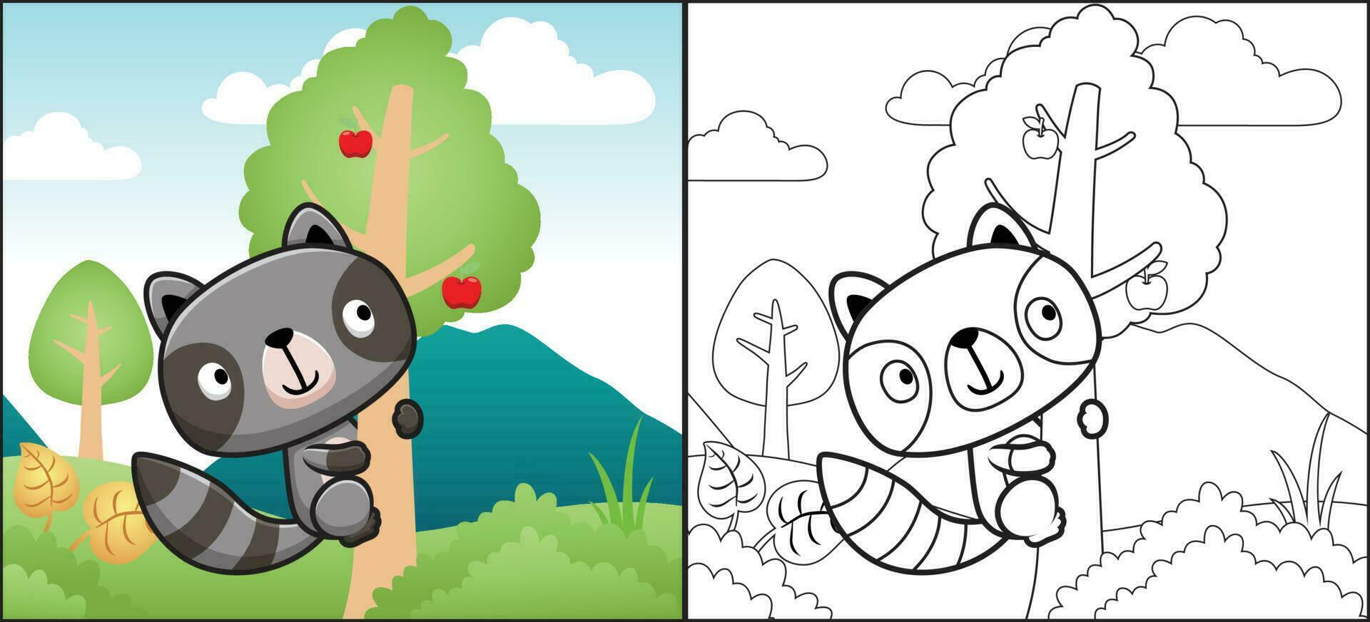 colorazione libro o pagina di procione cartone animato arrampicata frutta albero nel foresta vettore