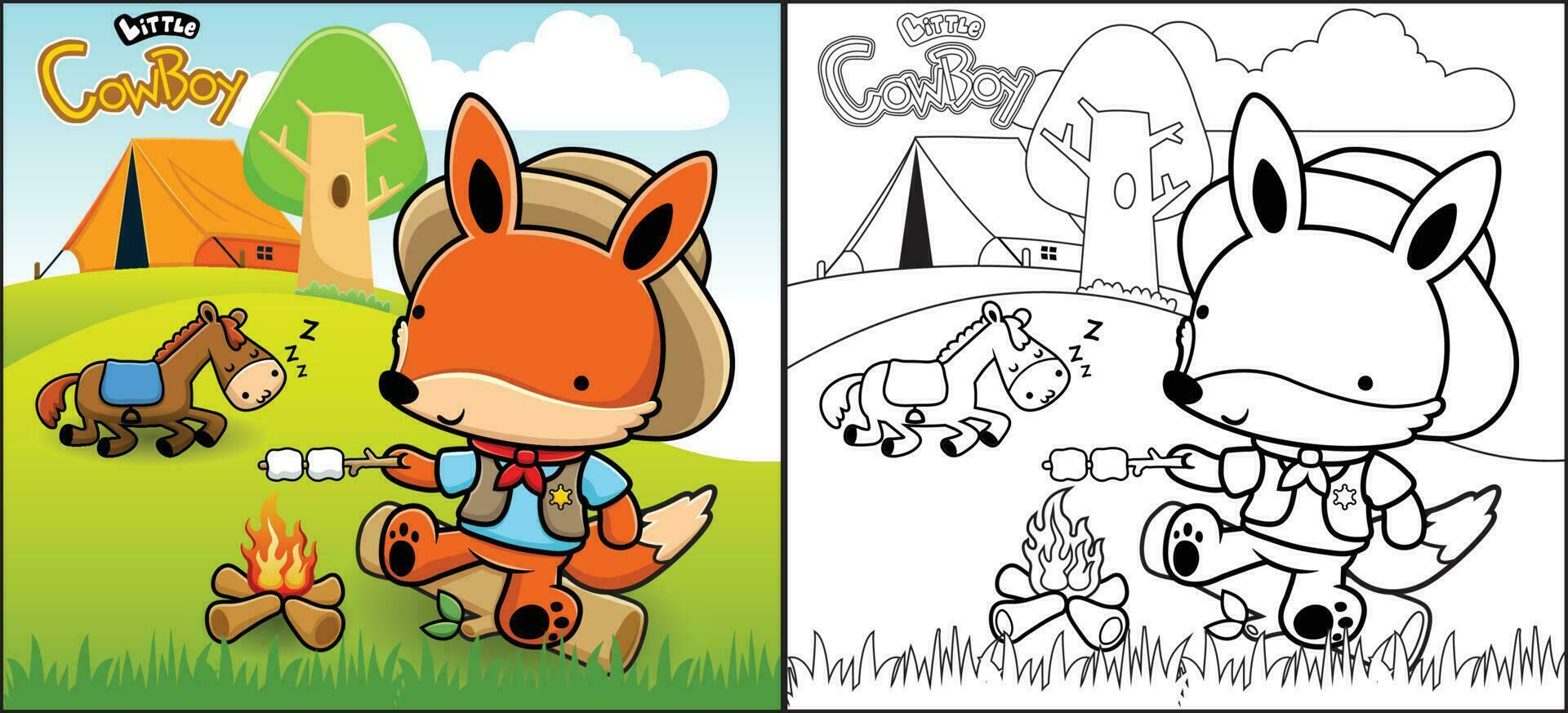 colorazione libro o pagina di cartone animato Volpe nel cowboy costume grigliate carne nel campo terra con cavallo vettore