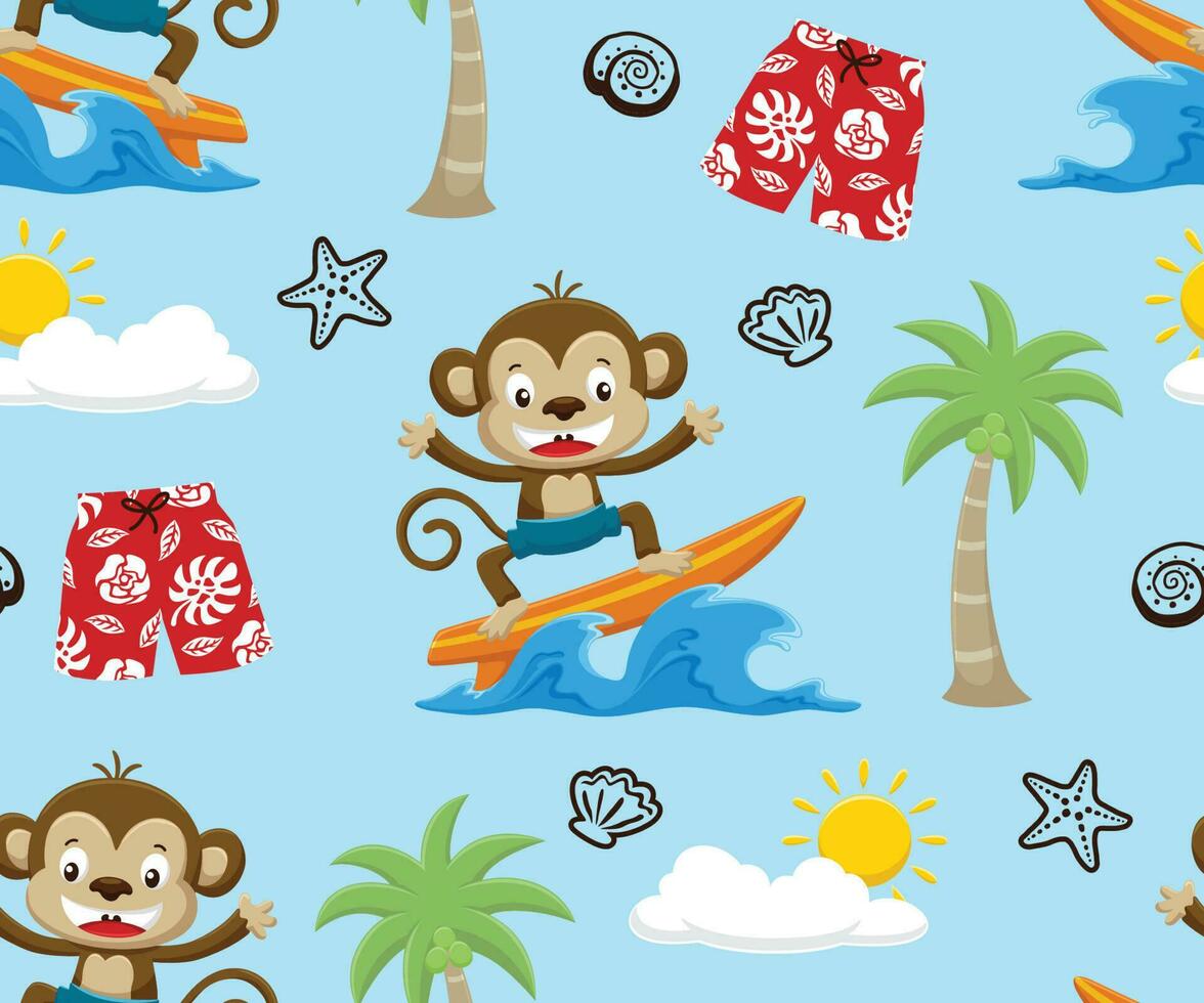 senza soluzione di continuità modello vettore di cartone animato scimmia surf, estate spiaggia vacanza elemento