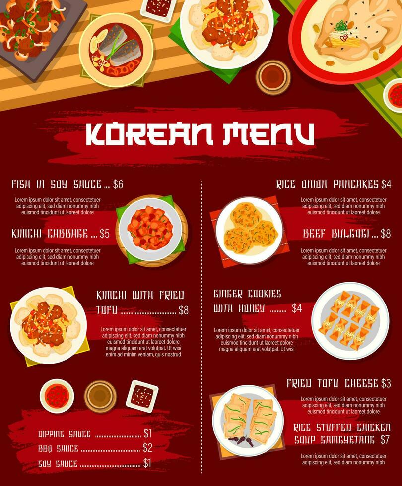 coreano cucina cibo menù pasti piatti, tradizionale vettore