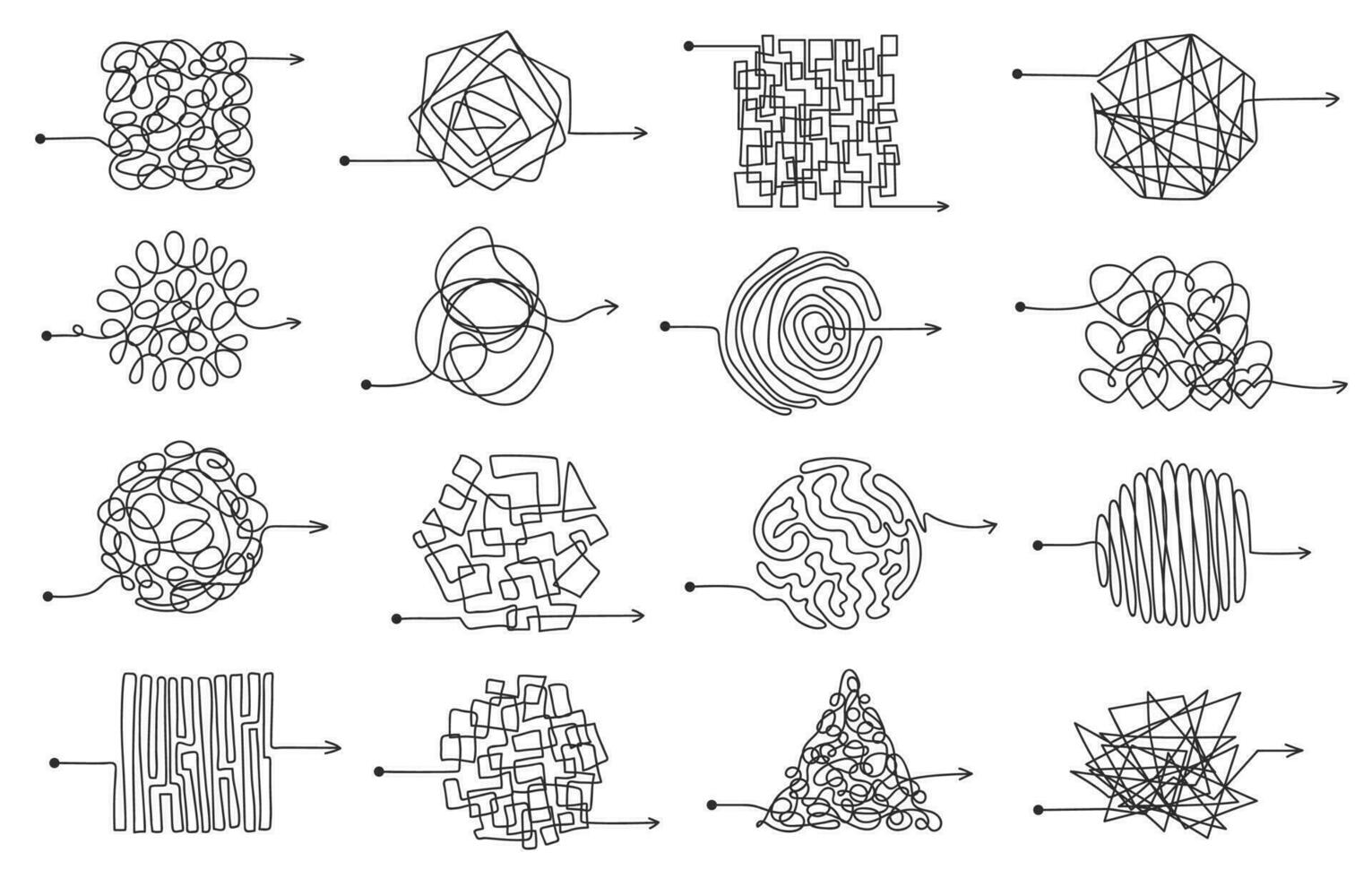 disordinato scarabocchiare freccia linee, caotico ingarbugliato scarabocchi. mano disegnato scarabocchi, caos scarabocchi, schizzo nodo frecce confusione concetto vettore impostato