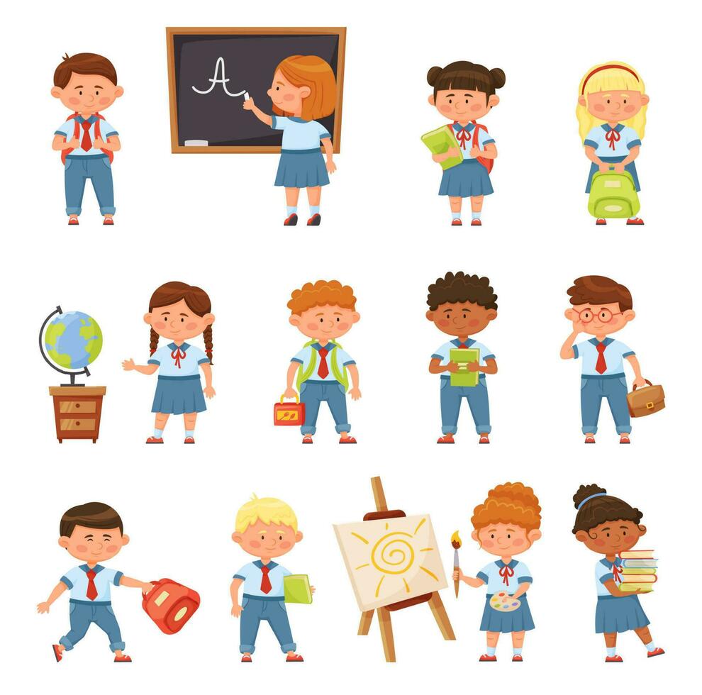 cartone animato scuola bambini nel uniforme. femmina e maschio allievi fare educativo attività. ragazza scrittura su lavagna vettore