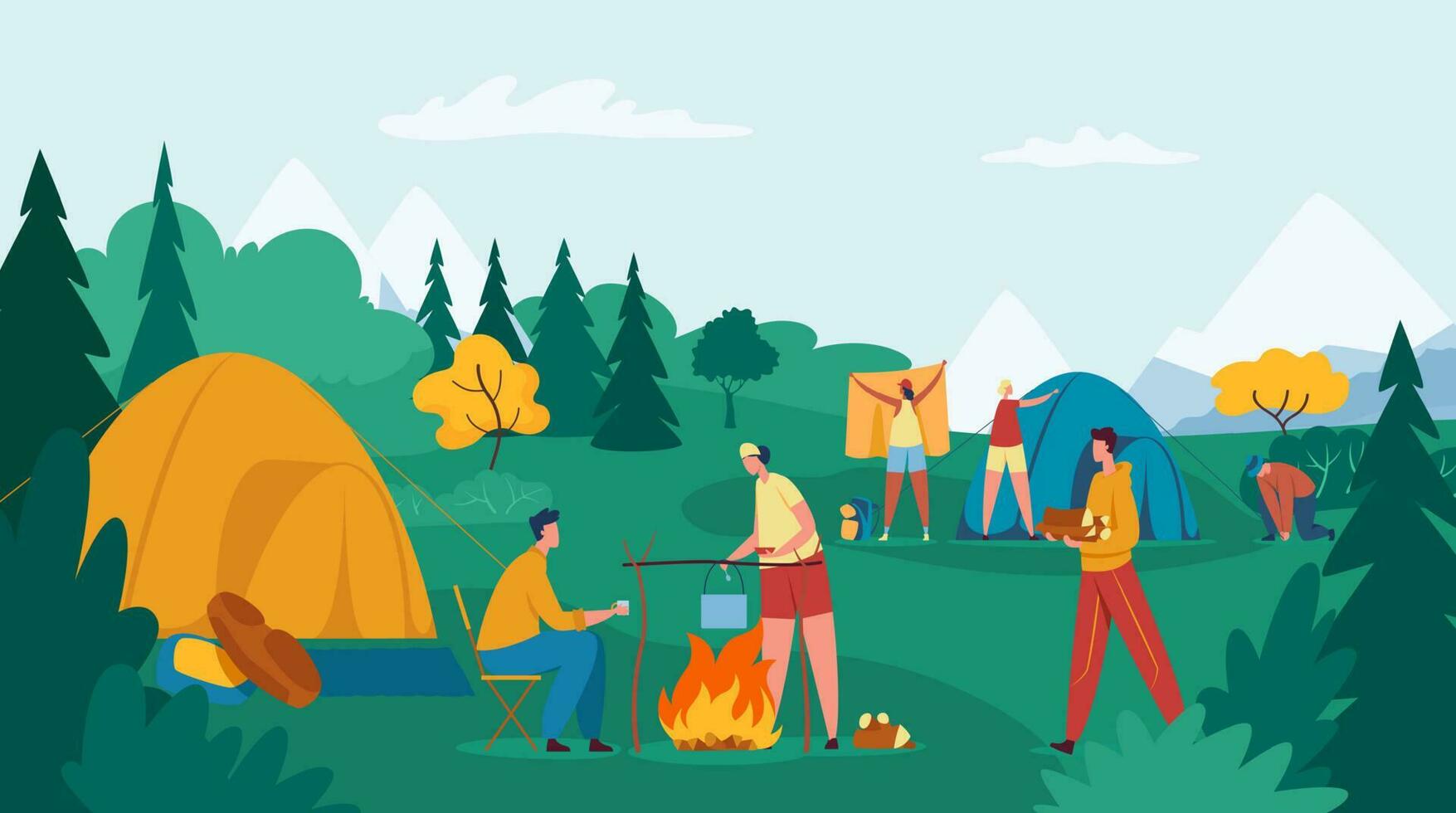 persone campeggio. amici ambientazione su tenda, maschio e femmina personaggi cucinando cibo su fuoco. ragazzo trasporto legna da ardere vettore