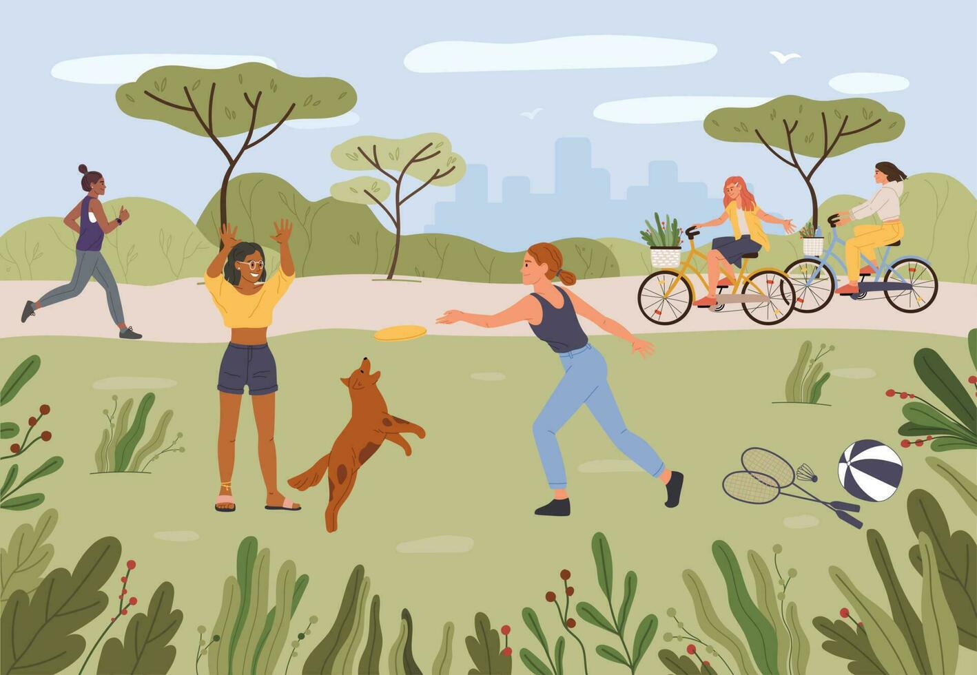 persone rilassante nel parco. ragazze giocando frisbee con cane animale domestico. femmina amici equitazione bicicletta con cesti vettore