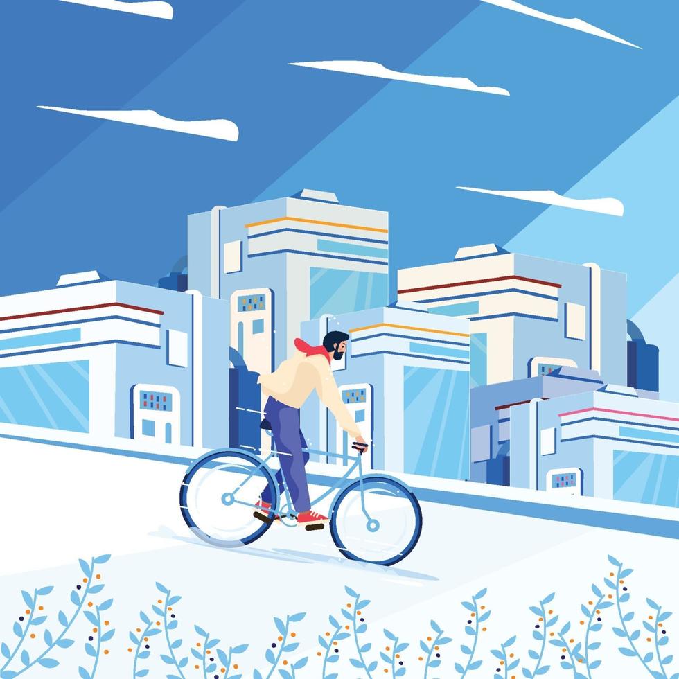 uomo in bicicletta con il concetto di edifici della città futuristica vettore