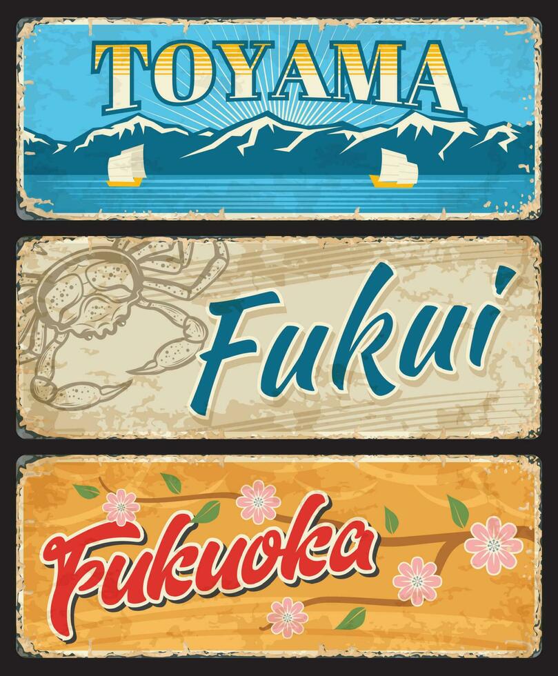 Fukui, fukuoka, toyama Giappone prefettura lattina cartello vettore