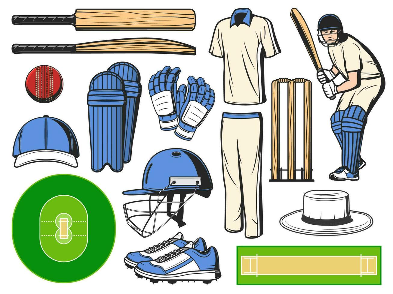 cricket attrezzatura, sport icone e gioco elementi vettore