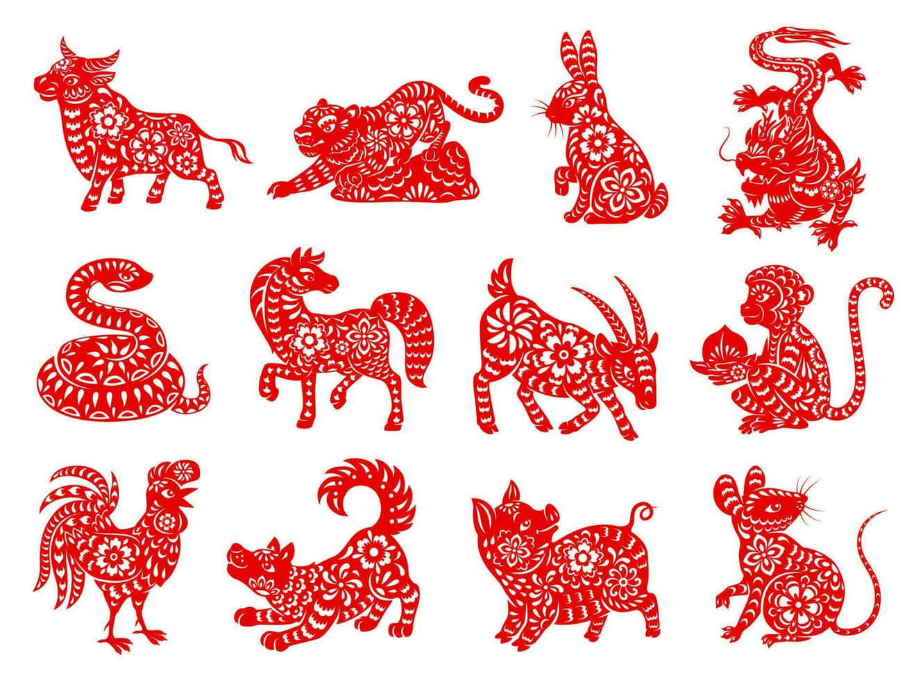 Cinese zodiaco oroscopo rosso papercut animali vettore