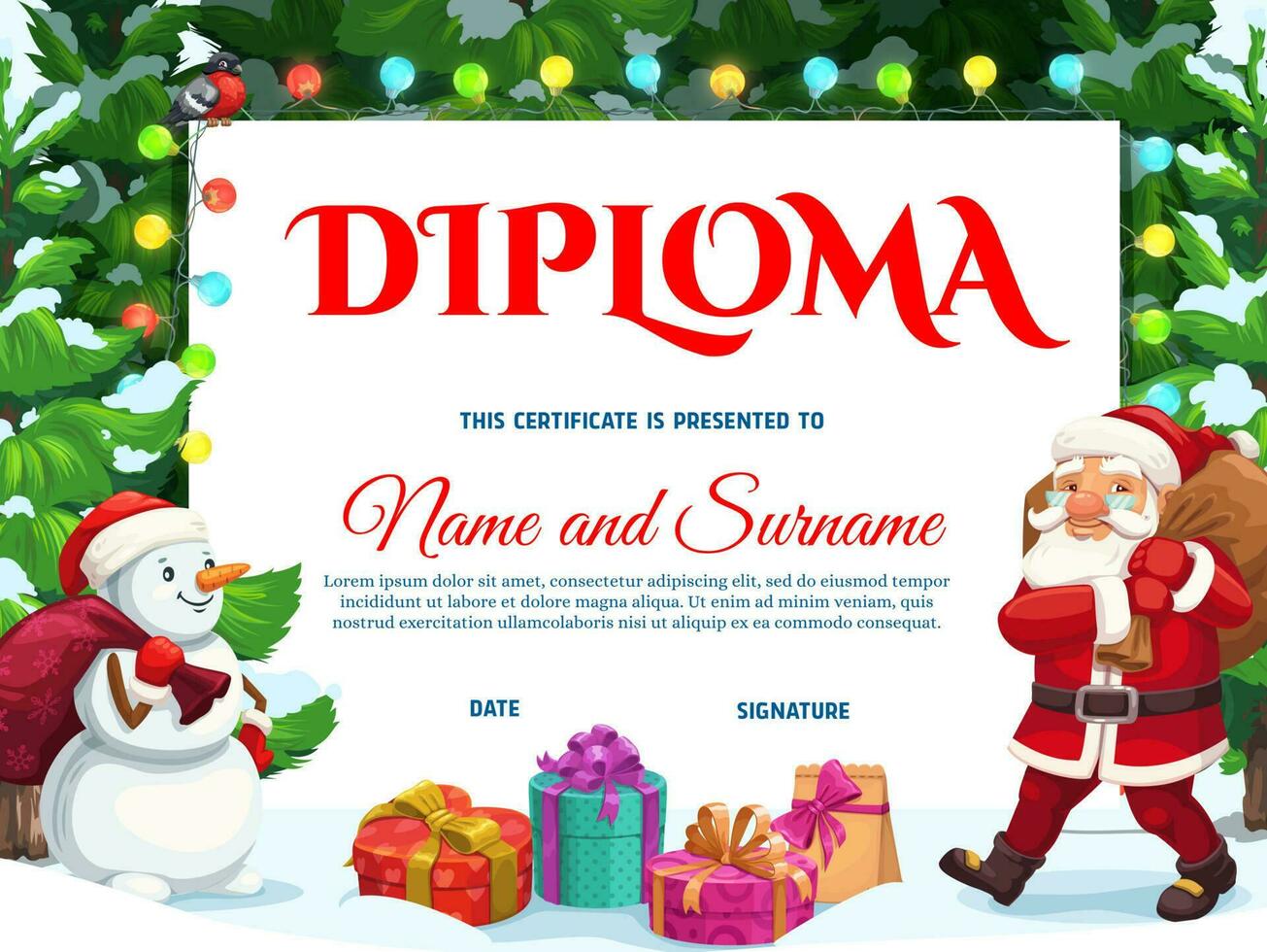 diploma o certificato con Natale i regali, Santa vettore