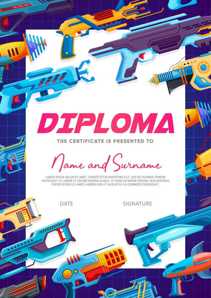 bambini diploma, cartone animato pistola blaster, alieno pistole vettore