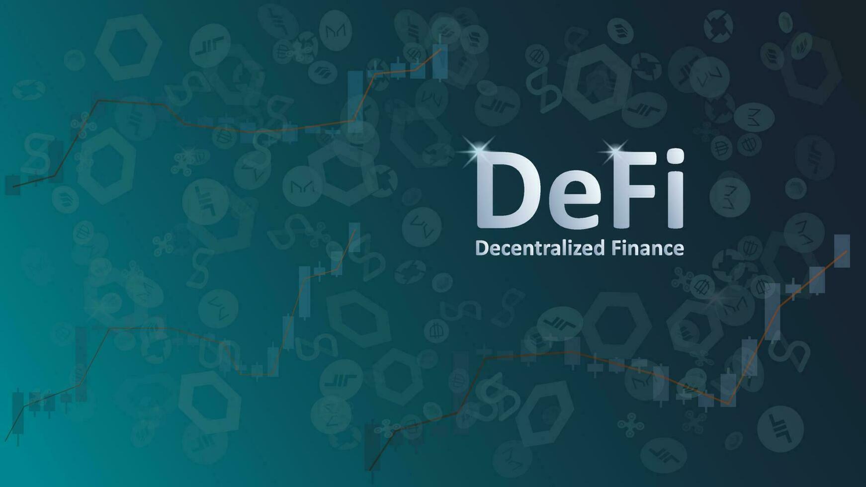 defi decentralizzato finanza su buio sfondo con grafici e moneta simboli. un ecosistema di finanziario applicazioni e Servizi basato su pubblico blockchain. vettore eps 10.