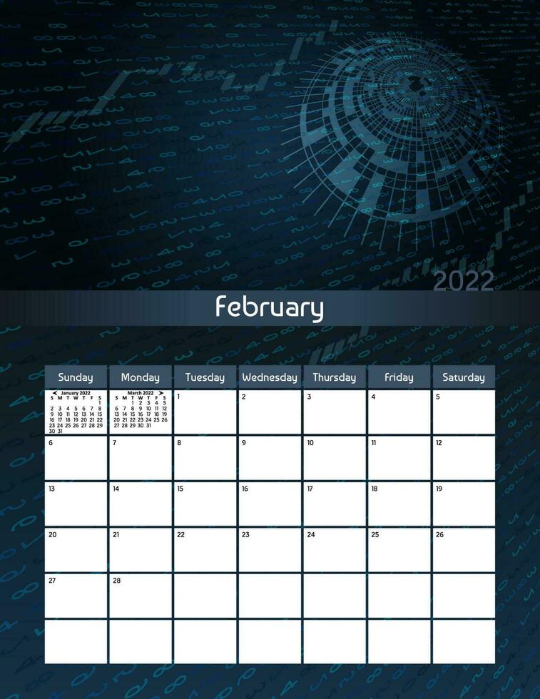 noi lettera carta dimensione vettore futuristico mensile progettista calendario febbraio 2022 settimana inizia su domenica. verticale tecnologia organizzatore, abitudine inseguitore. colorato moderno illustrazione.