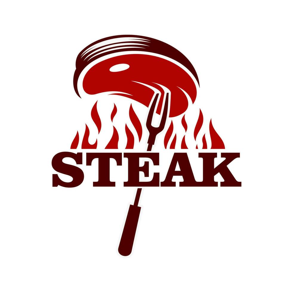bistecca griglia icona, barbecue carne su forchetta e fuoco vettore