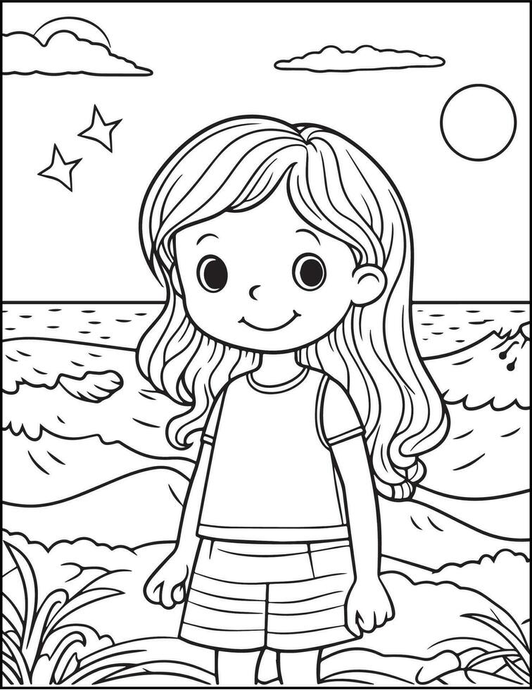 cartone animato carino poco ragazza su il spiaggia. colorazione libro vettore