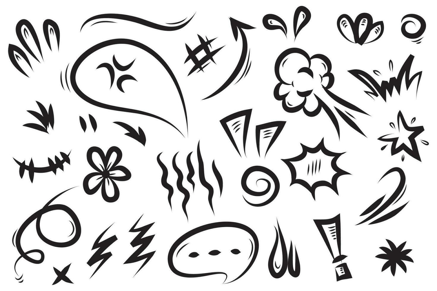 set vettoriale di doodle di segni di espressione cartoonesca disegnati a mano, frecce direzionali curve, elementi di design di effetti emoticon, simboli di emozione dei personaggi dei cartoni animati, linee di pennellate decorative carine.