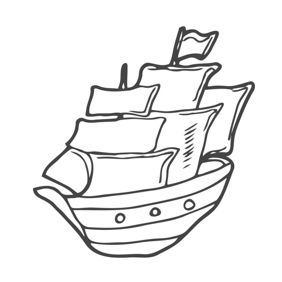 barca a vela, andare in barca yacht, nave, barca nel il mare. mano disegnato linea arte schizzo. nero e bianca scarabocchio vettore illustrazione, design per colorazione libro pagina