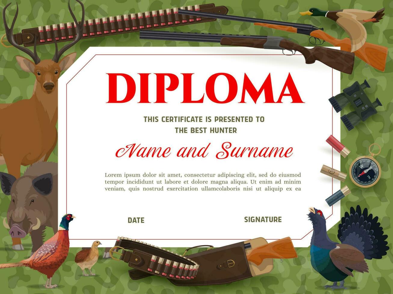 diploma con selvaggio animali e a caccia munizioni, arma vettore