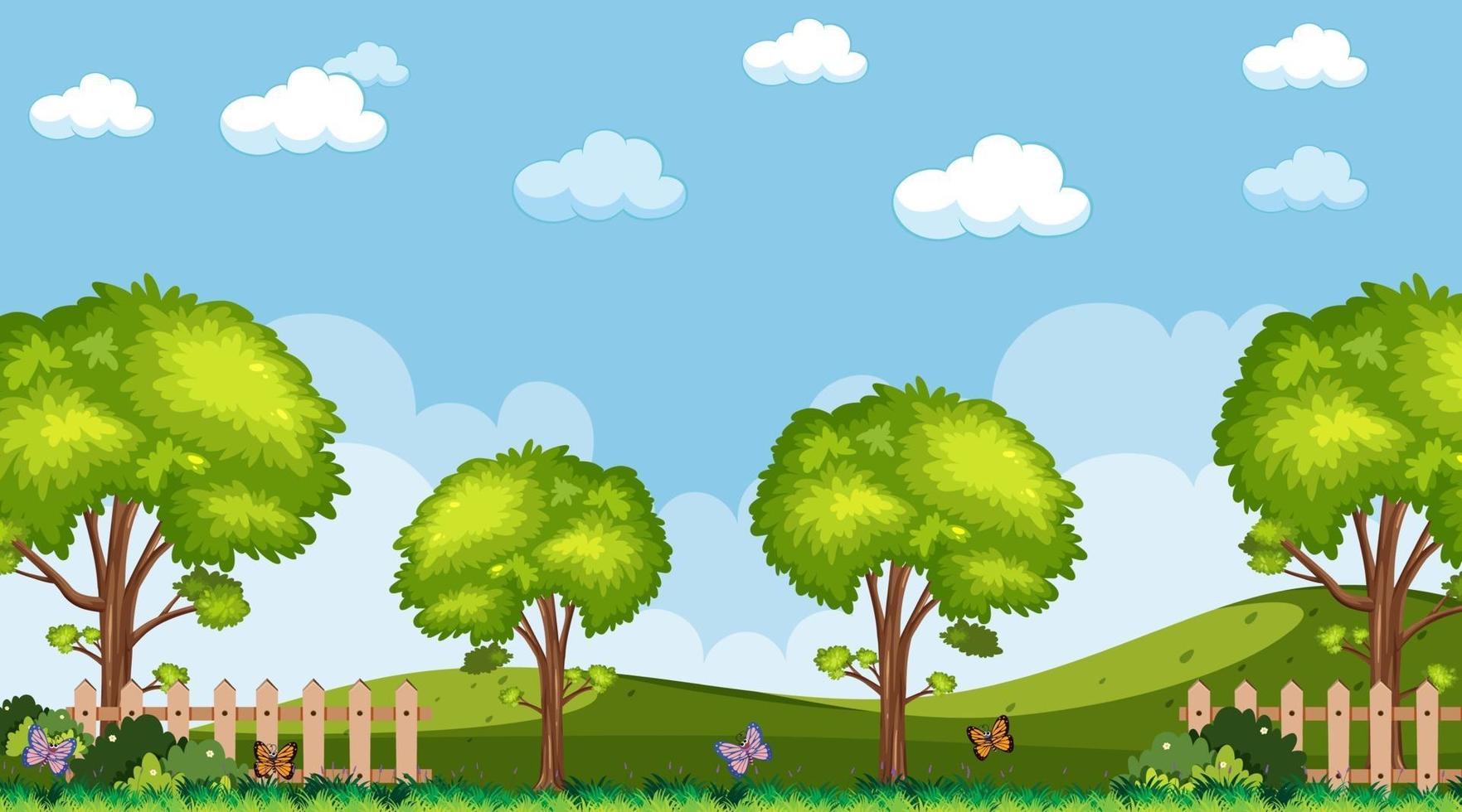 cielo vuoto nella scena del parco con molti alberi e prati vettore