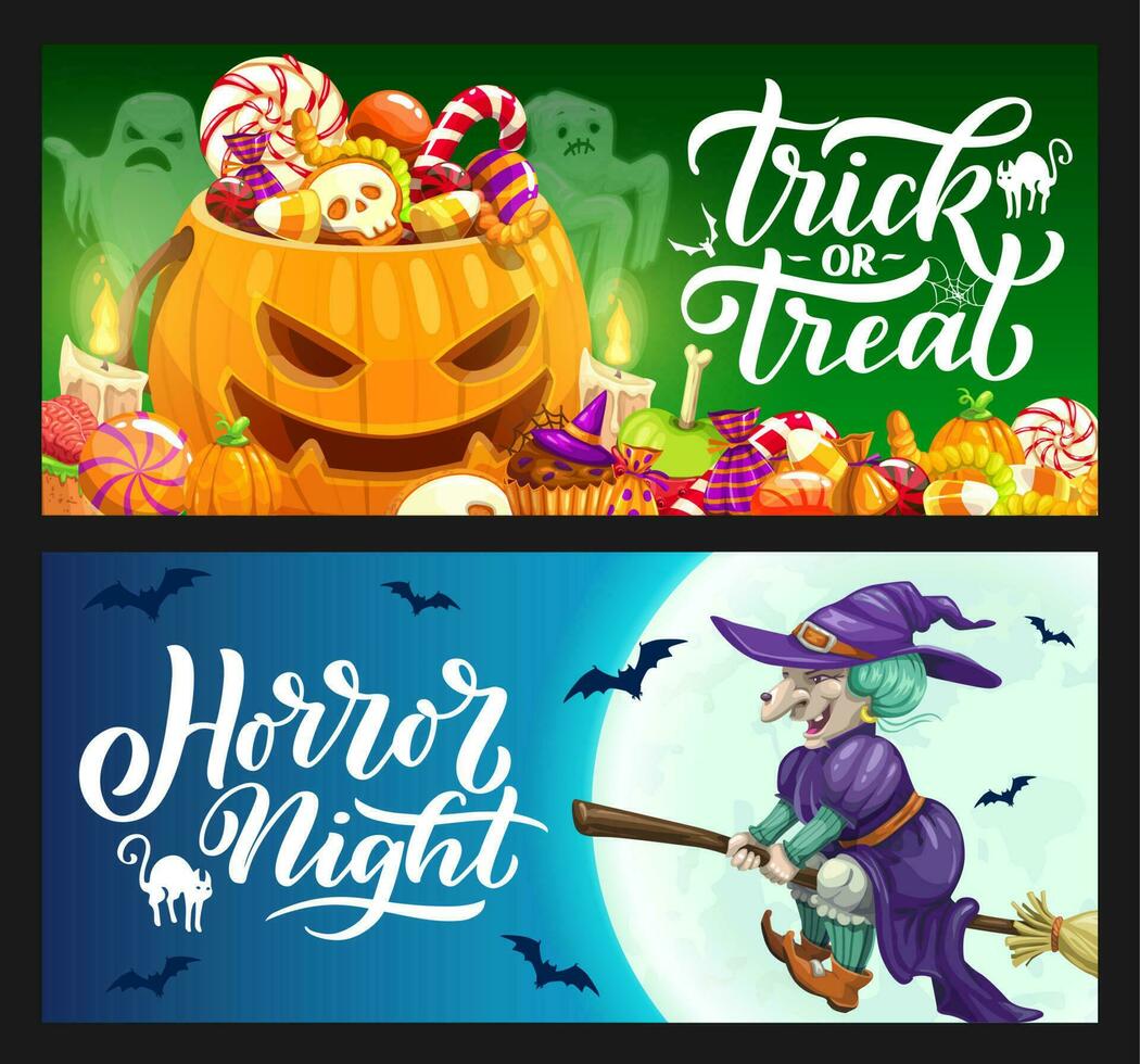 Halloween vacanza zucca, fantasma e strega banner vettore