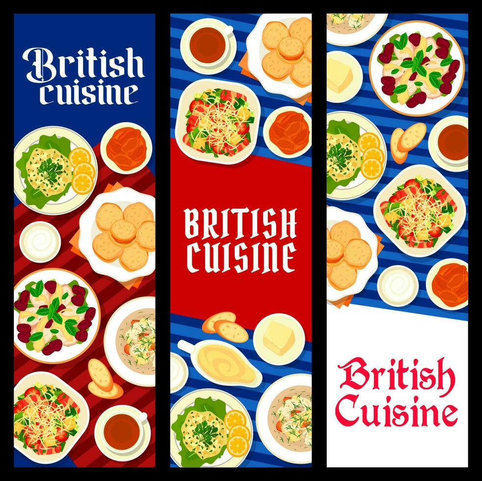 Britannico cibo ristorante piatti verticale banner vettore