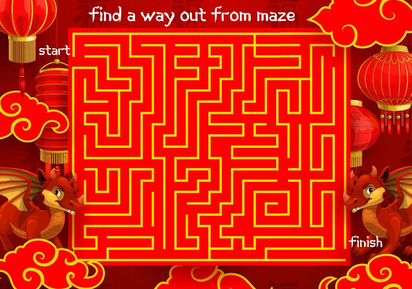 bambini labirinto, ragazzo labirinto con Cinese Drago vettore