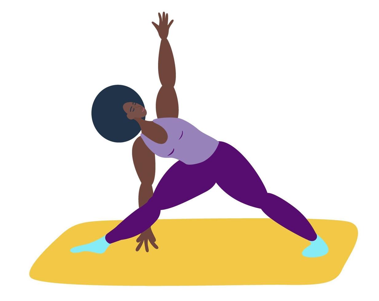 la donna nera è impegnata nello yoga. una donna con la pelle nera esegue l'asana. una ragazza nera sportiva mostra una posa a triangolo. stile di vita sano, pratica spirituale vettore