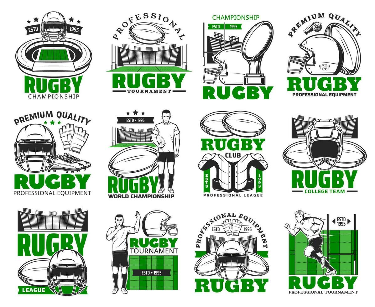 Rugby sport vettore icone, americano calcio gioco