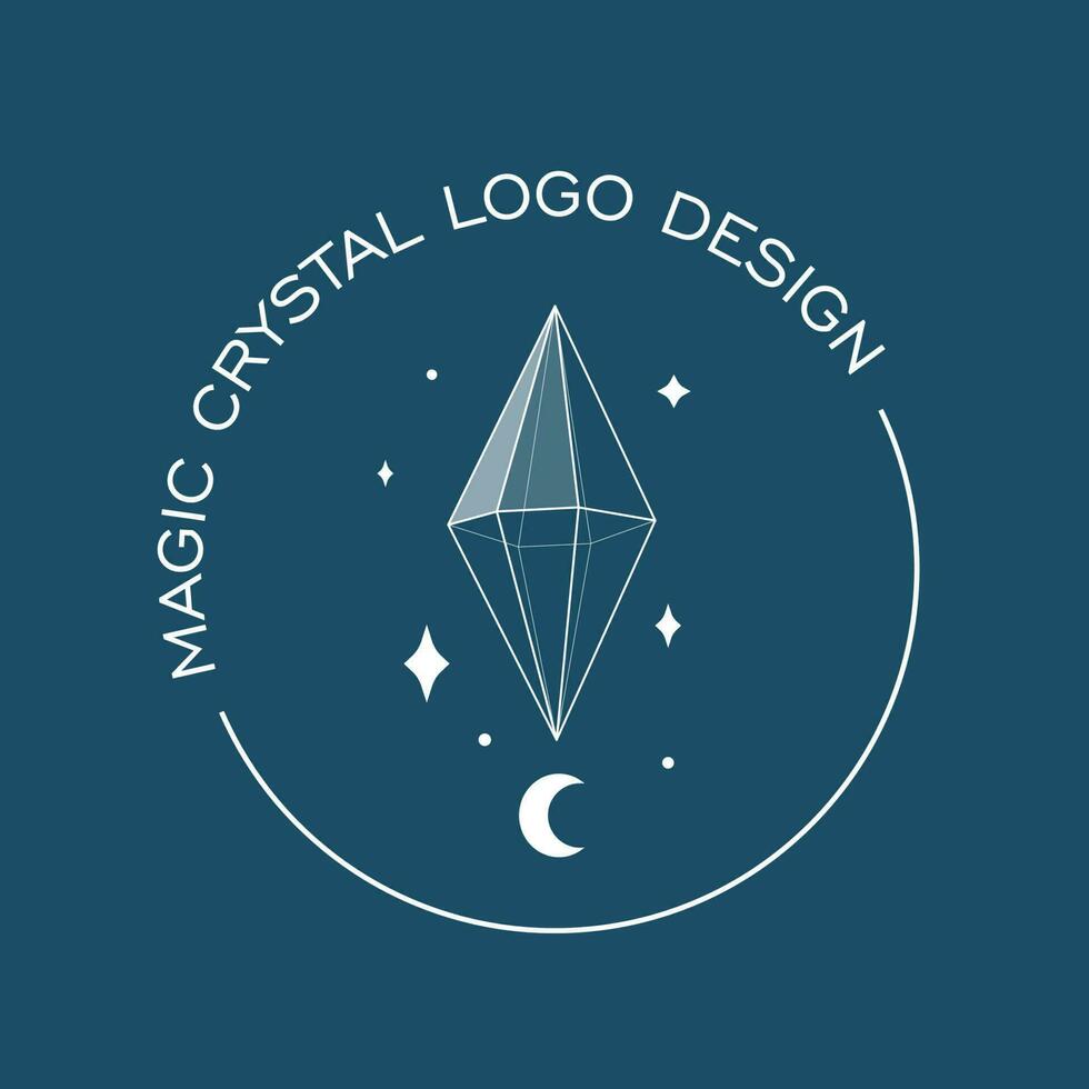 cristallo gemma e Luna schema logo illustrazione. Magia cristallo concetto. moderno vettore illustrazione. trasparente linea arte gemma con stelle. minimalista etichetta design per ragnatela.