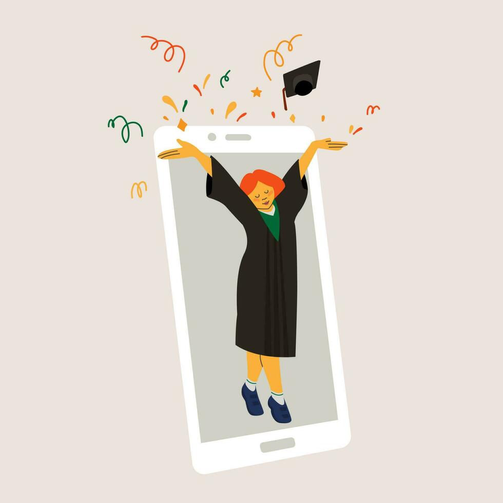 un' diplomato ragazza nel un' mantello lanci un' cappello su contro il sfondo di il contorno di un' smartphone o tavoletta. isolato vettore illustrazione di la laurea virtuale 2021 anno.