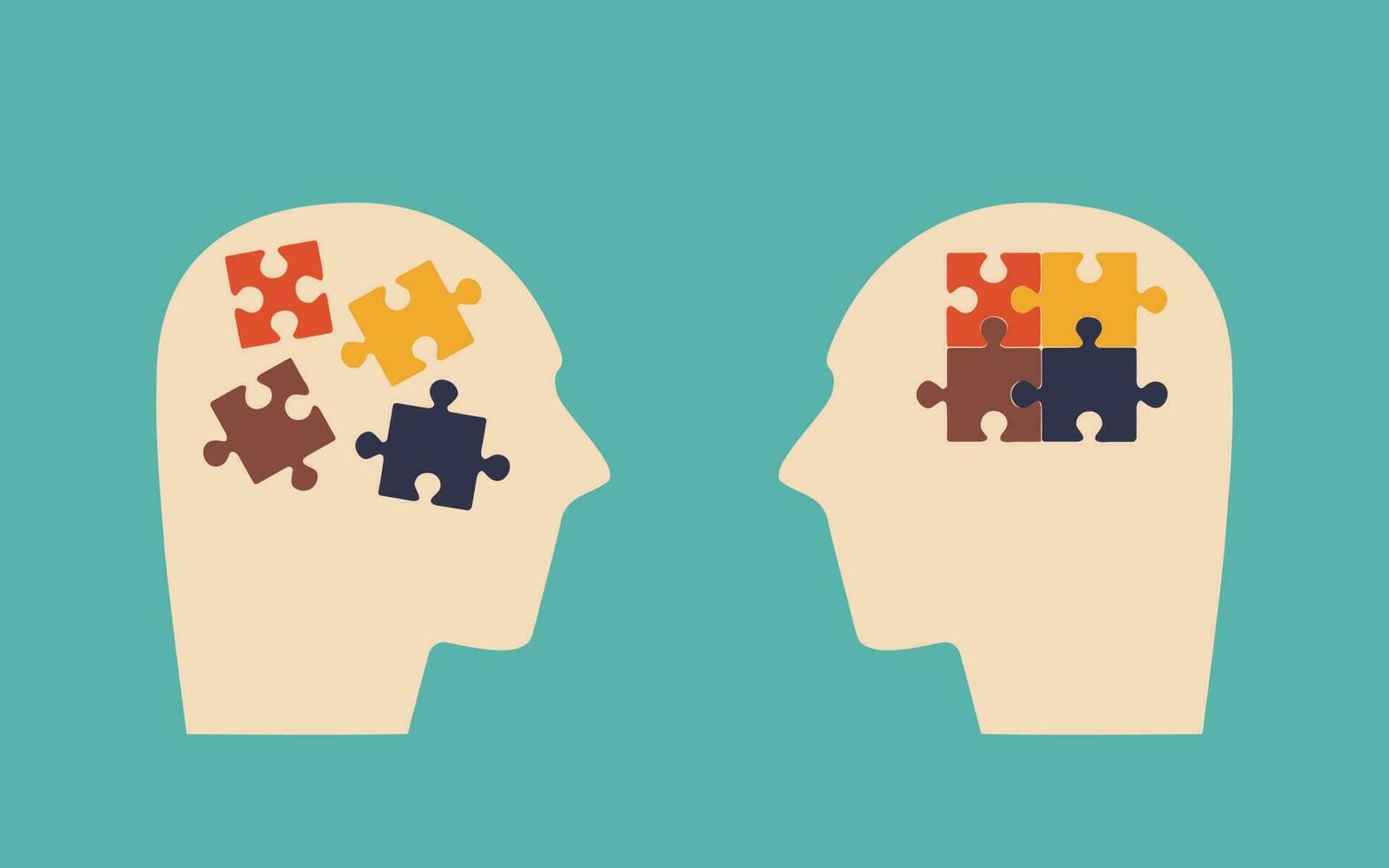 Due umano teste esprimendo mentale e psicologico Salute. puzzle pezzi come simbolo di pensieri nel testa. psicoterapeuta, prima e dopo sessione di psicoterapia. vettore piatto illustrazione.