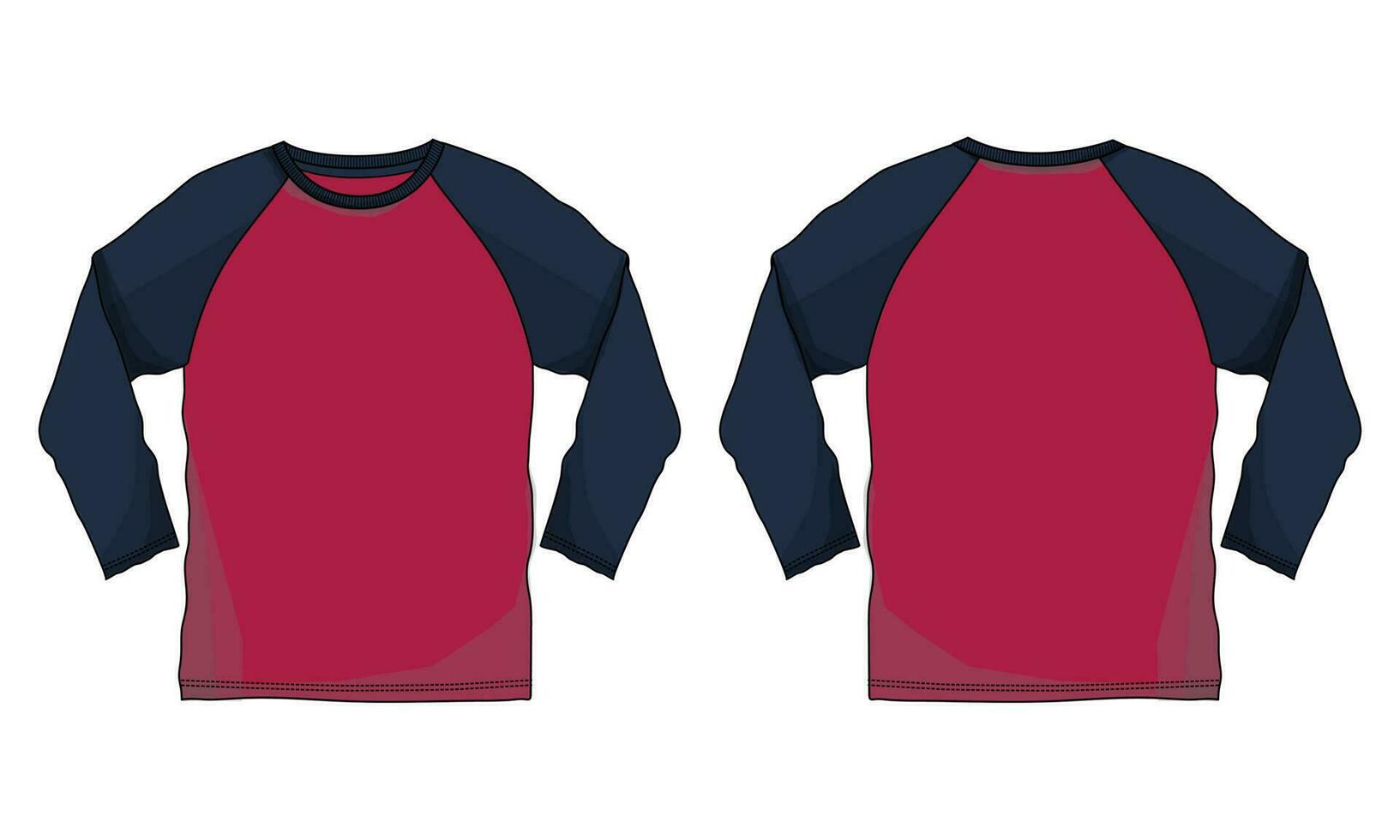 Due tono colore raglan lungo manica t camicia tecnico disegno moda piatto schizzo vettore illustrazione modello davanti e indietro visualizzazioni isolato su bianca sfondo