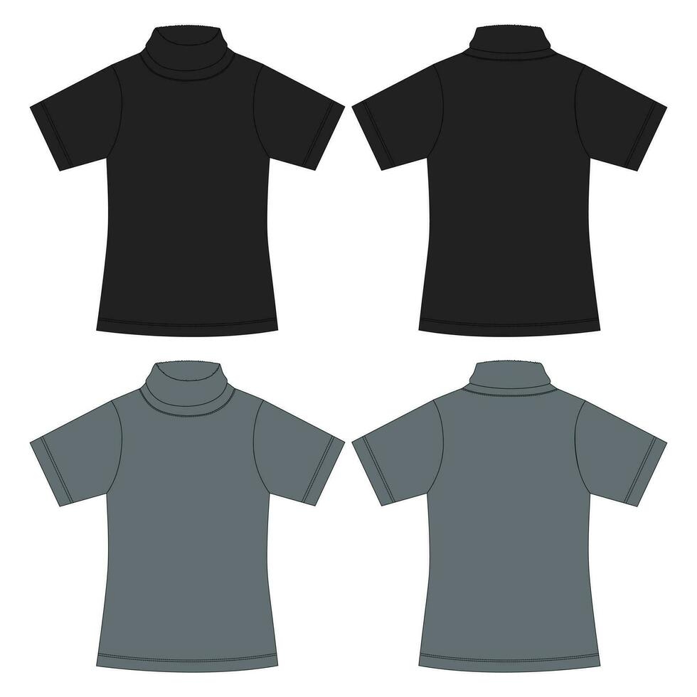 corto manica t camicia con In piedi su collare tecnico disegno moda piatto schizzo vettore illustrazione nero e grigio colore modello davanti e indietro visualizzazioni isolato su bianca sfondo