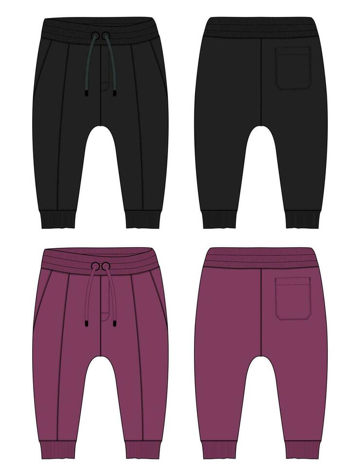 vello cotone maglia di base sudore ansimare tecnico disegno moda piatto schizzo modello davanti e indietro visualizzazioni. abbigliamento jogger pantaloni vettore illustrazione nero e viola colore finto su per bambini e ragazzi.